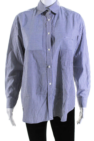 Vince Womens Cotton Long Sleeve Striped Button Down Blouse Blue Size 8