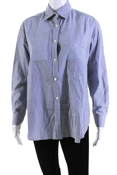 Vince Womens Cotton Long Sleeve Striped Button Down Blouse Blue Size 8