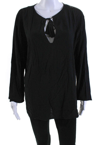 Vince Womens Long Sleeve V Neck Bow Tassel Blouse Black Size L