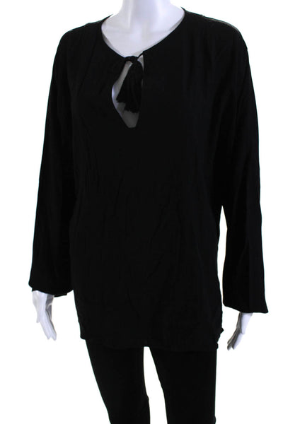 Vince Womens Long Sleeve V Neck Bow Tassel Blouse Black Size L