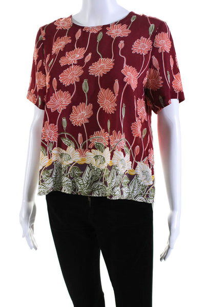 Madewell Womens Floral Print Short Sleeves Crew Neck Blouse Red Pink Size Small