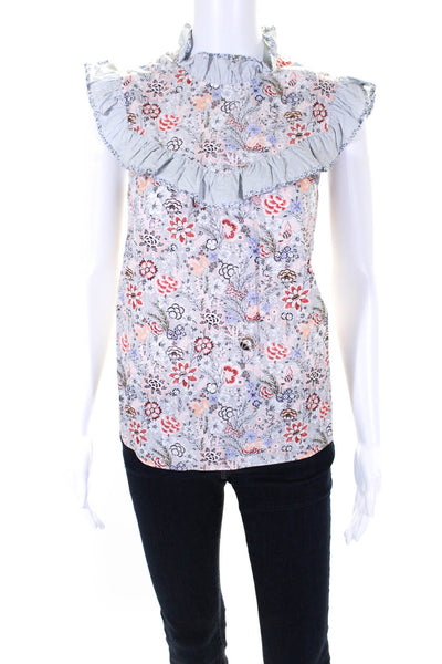 La Vie Women's Ruffle Neck Sleeveless Floral Button Up Blouse Size M