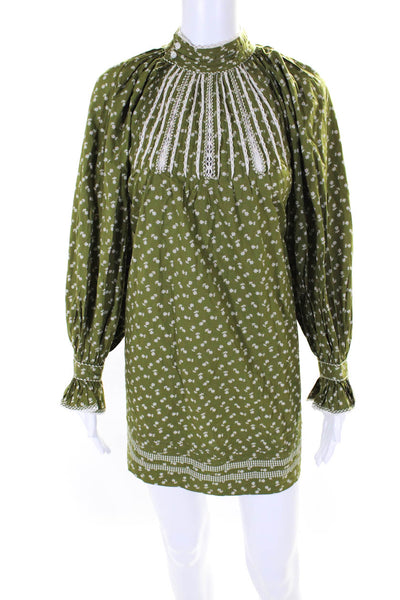 Doen Womens Organic Cotton Floral High Neck Long Sleeve Dress Green Size XS