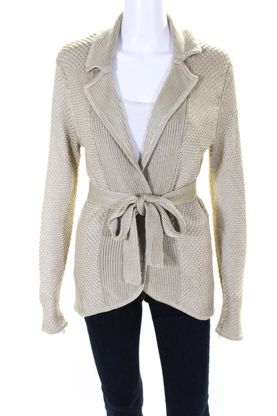 Magaschoni Womens Silk Knitted Snap Buttoned Belted Cardigan Beige Size S