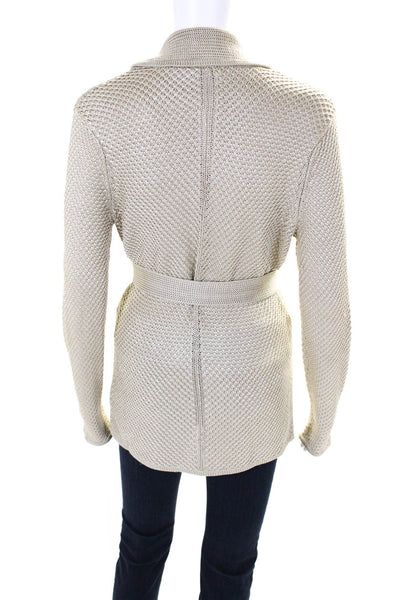 Magaschoni Womens Silk Knitted Snap Buttoned Belted Cardigan Beige Size S