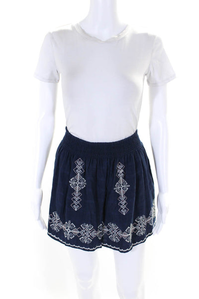 Joie Women's Elastic Waist Flare Embroidered Mini Skirt Navy Blue Size M