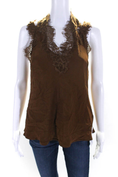 Minnie Rose Womens Silk Lace Trim V Neck Tank Top Brown Size Extra Small