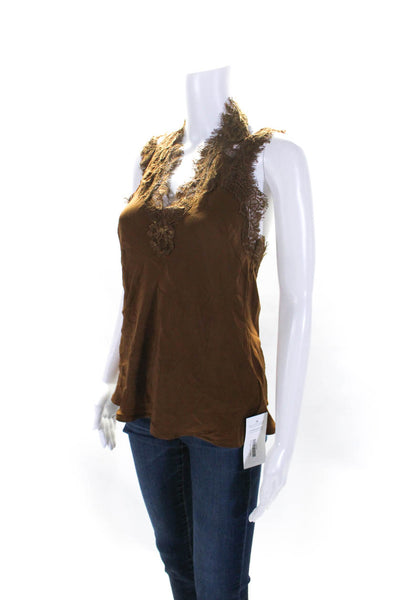 Minnie Rose Womens Silk Lace Trim V Neck Tank Top Brown Size Extra Small