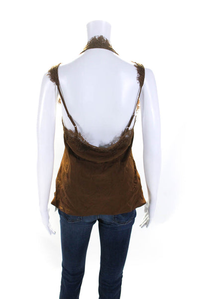 Minnie Rose Womens Silk Lace Trim V Neck Tank Top Brown Size Extra Small