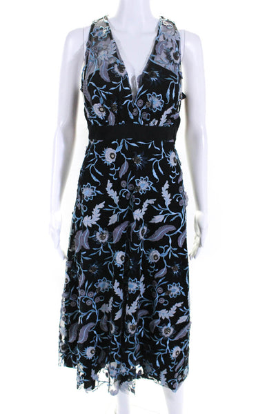 Sandro Womens Floral Embroidered V Neck A Line Dress Black Blue Size 2