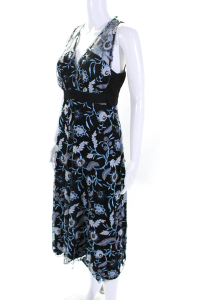 Sandro Womens Floral Embroidered V Neck A Line Dress Black Blue Size 2