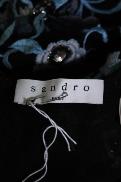 Sandro Womens Floral Embroidered V Neck A Line Dress Black Blue Size 2