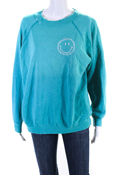 ISMBS Womens Long Sleeves Pullover Sweatshirt Turquoise Blue Cotton Size Small