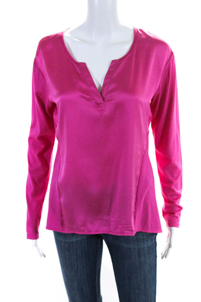 Go Silk Womens Bright Pink Silk V-Neck Long Sleeve Blouse Top Size XS