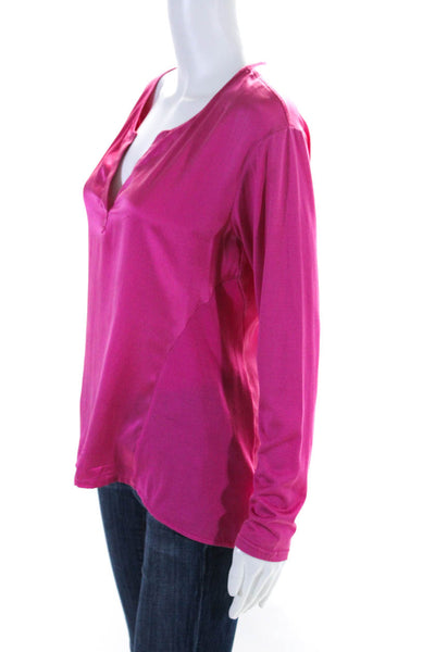 Go Silk Womens Bright Pink Silk V-Neck Long Sleeve Blouse Top Size XS