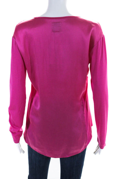 Go Silk Womens Bright Pink Silk V-Neck Long Sleeve Blouse Top Size XS