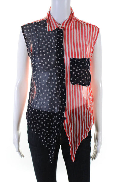 Equipment Femme Womens Silk Flag Print Tank Top Red Blue Size Extra Small