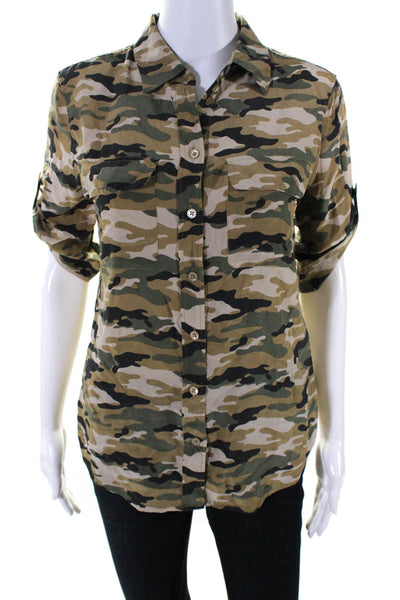 Equipment Femme Womens Silk Camouflage Print Shirt Beige Green Size Extra Small