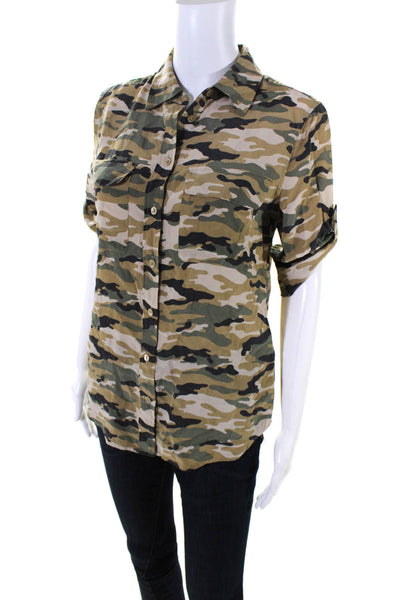 Equipment Femme Womens Silk Camouflage Print Shirt Beige Green Size Extra Small