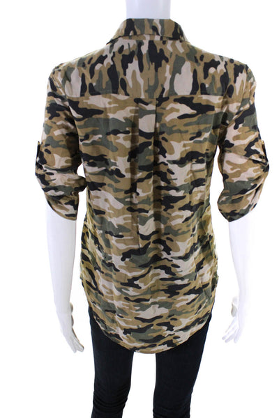 Equipment Femme Womens Silk Camouflage Print Shirt Beige Green Size Extra Small