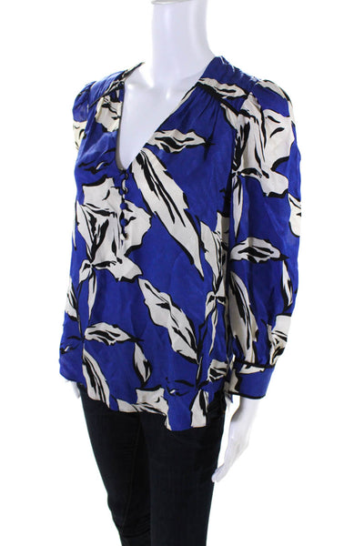 Veronica Beard Womens Silk Floral Print Long Sleeves Blouse Blue White Size 0