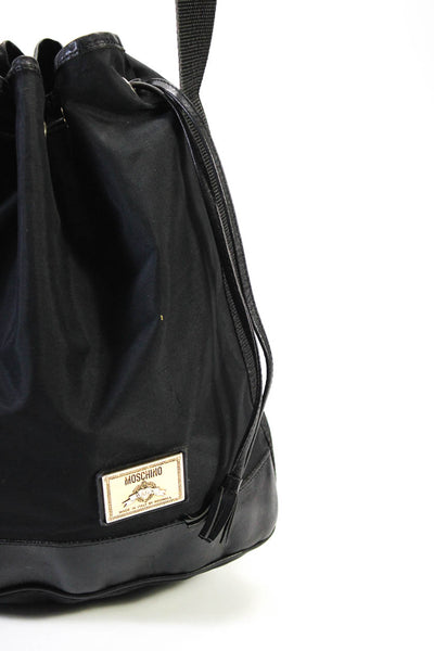 Moschino Womens Gold Tone Letters Strap Drawstring Shoulder Bag Black Handbag