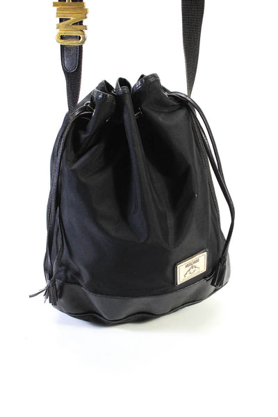 Moschino Womens Gold Tone Letters Strap Drawstring Shoulder Bag Black Handbag