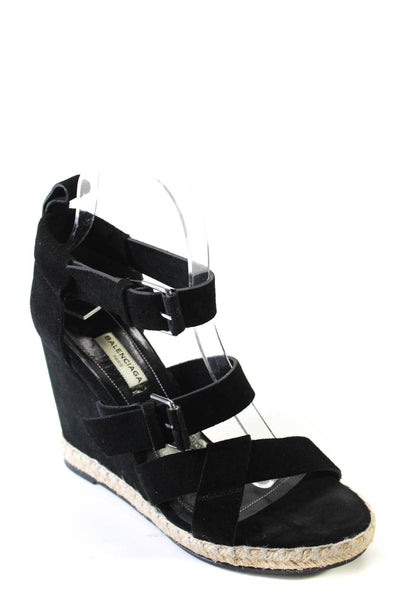 Balenciaga Paris Womens Suede Ankle Strap High Wedge Sandals Black Size 38 8