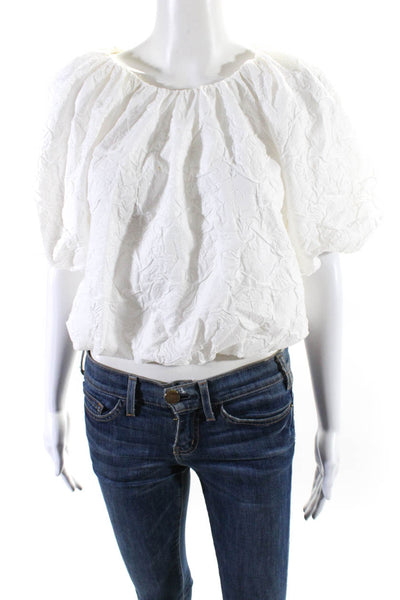 Endless Rose Womens Textured Woven Short Sleeve Crop Top Blouse White Size S