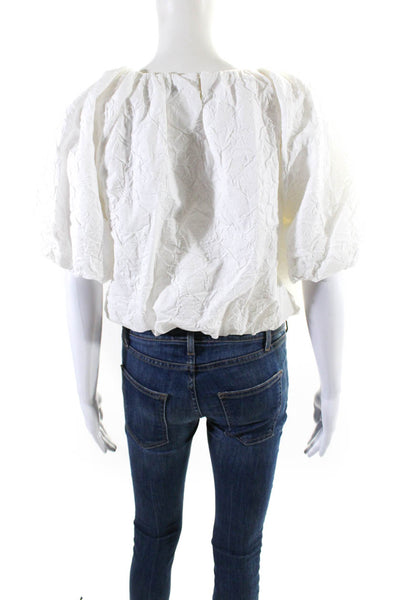 Endless Rose Womens Textured Woven Short Sleeve Crop Top Blouse White Size S