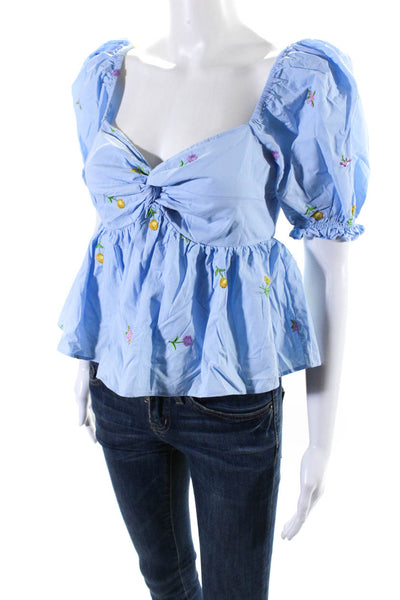 Endless Rose Womens Cotton Floral Embroidered Puff Sleeve Crop Top Blue Size XS