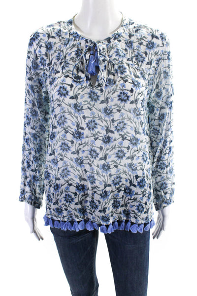 Roller Rabbit Womens Blue Floral Tassel V-Neck Long Sleeve Blouse Top Size M