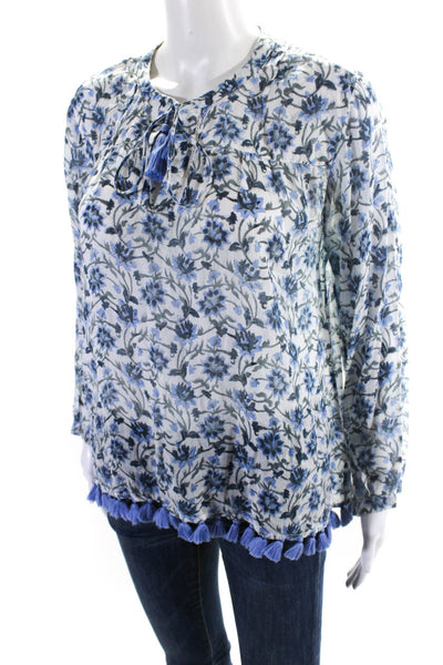 Roller Rabbit Womens Blue Floral Tassel V-Neck Long Sleeve Blouse Top Size M