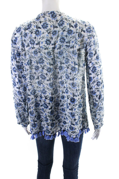 Roller Rabbit Womens Blue Floral Tassel V-Neck Long Sleeve Blouse Top Size M