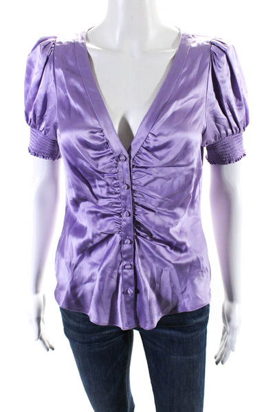 Cinq A Sept Womens Satin Puff Sleeve V Neck Top Blouse Lavender Silk Size Small