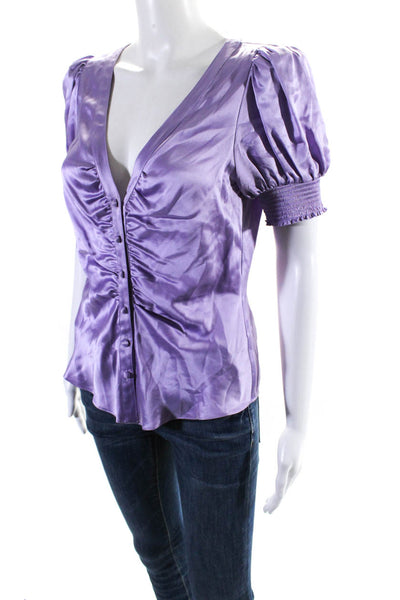 Cinq A Sept Womens Satin Puff Sleeve V Neck Top Blouse Lavender Silk Size Small