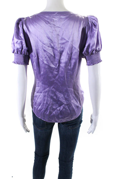 Cinq A Sept Womens Satin Puff Sleeve V Neck Top Blouse Lavender Silk Size Small