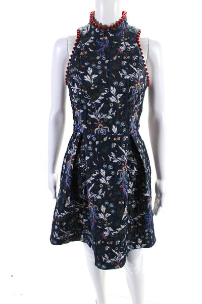 Nicole Miller Womens Mock Neck Floral Jacquard Sheath Dress Red Blue Size 4