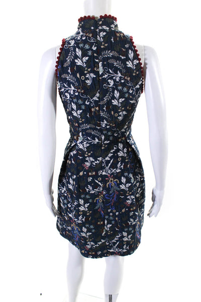 Nicole Miller Womens Mock Neck Floral Jacquard Sheath Dress Red Blue Size 4