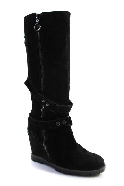 Ash Womens Suede Round Toe Snap Button Zipped Wedge Heels Boots Black Size EUR37