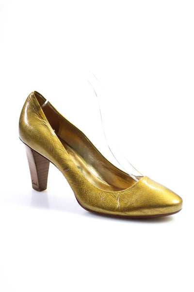 Coach Womens Patent Leather Round Toe Slip-On Block Heels Pumps Gold Size 8.5