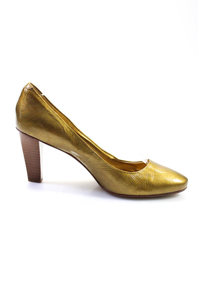 Coach Womens Patent Leather Round Toe Slip-On Block Heels Pumps Gold Size 8.5