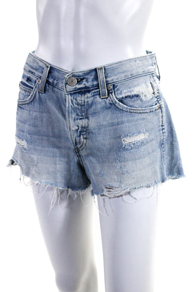 Amo Womens Cotton Light Washed Full Buttoned Distress Shorts Blue Size EUR25