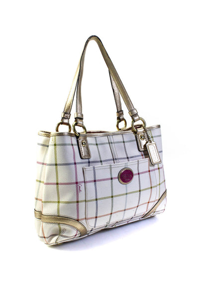 Coach Womens Double Handle Pocket Front Check Tote Handbag White Multi Leather