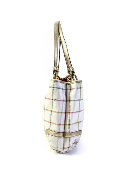 Coach Womens Double Handle Pocket Front Check Tote Handbag White Multi Leather