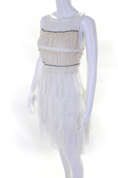 RED Valentino Womens Pleated Textured Jeweled Zipped Tiered Dress White Size M