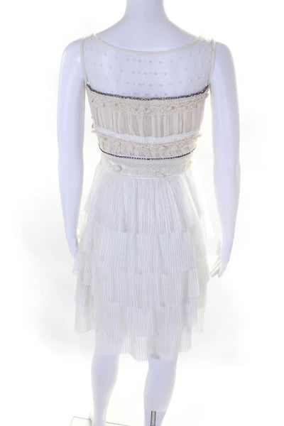 RED Valentino Womens Pleated Textured Jeweled Zipped Tiered Dress White Size M