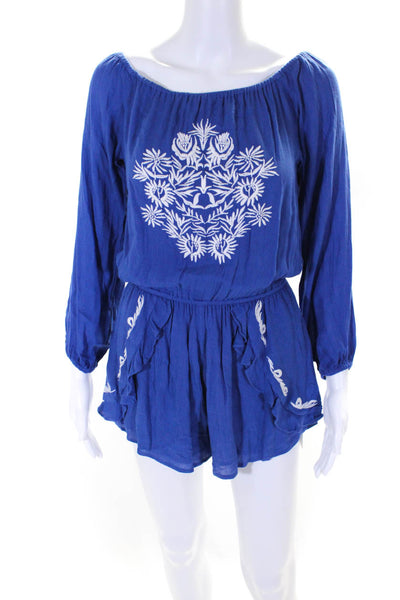 Lovers + Friends Womens Embroidered Long Sleeves Romper Blue White Size Extra Sm