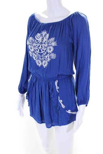 Lovers + Friends Womens Embroidered Long Sleeves Romper Blue White Size Extra Sm