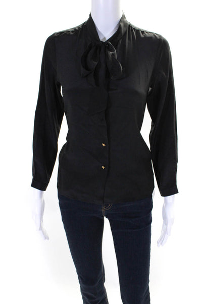 Love Binetti Womens Silk Long Sleeves Button Down Crew Neck Blouse Black Size 0